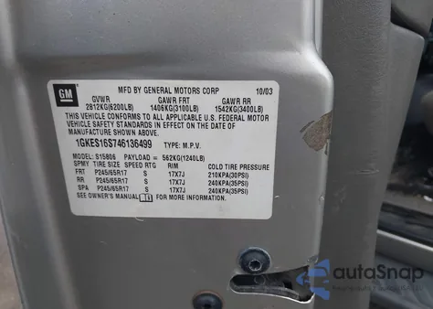 2004 GMC Envoy Xl Sle from USA, damaged, VIN 1GKES16S746136499